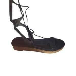 Frye Black Suede Lace Up Sandals Ankle Tie Cork Sole Boho Flat Women’s 9.5